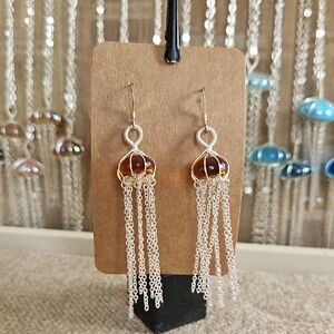 Amber Glass Bead & Silver Tassel Drop Earrings - Women's Jewelry